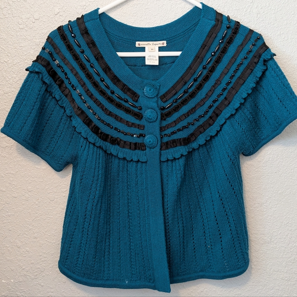 Nanette Lepore Sweater Women XS Beaded Ribbon Bolero Shrug Coquette Hunter Green